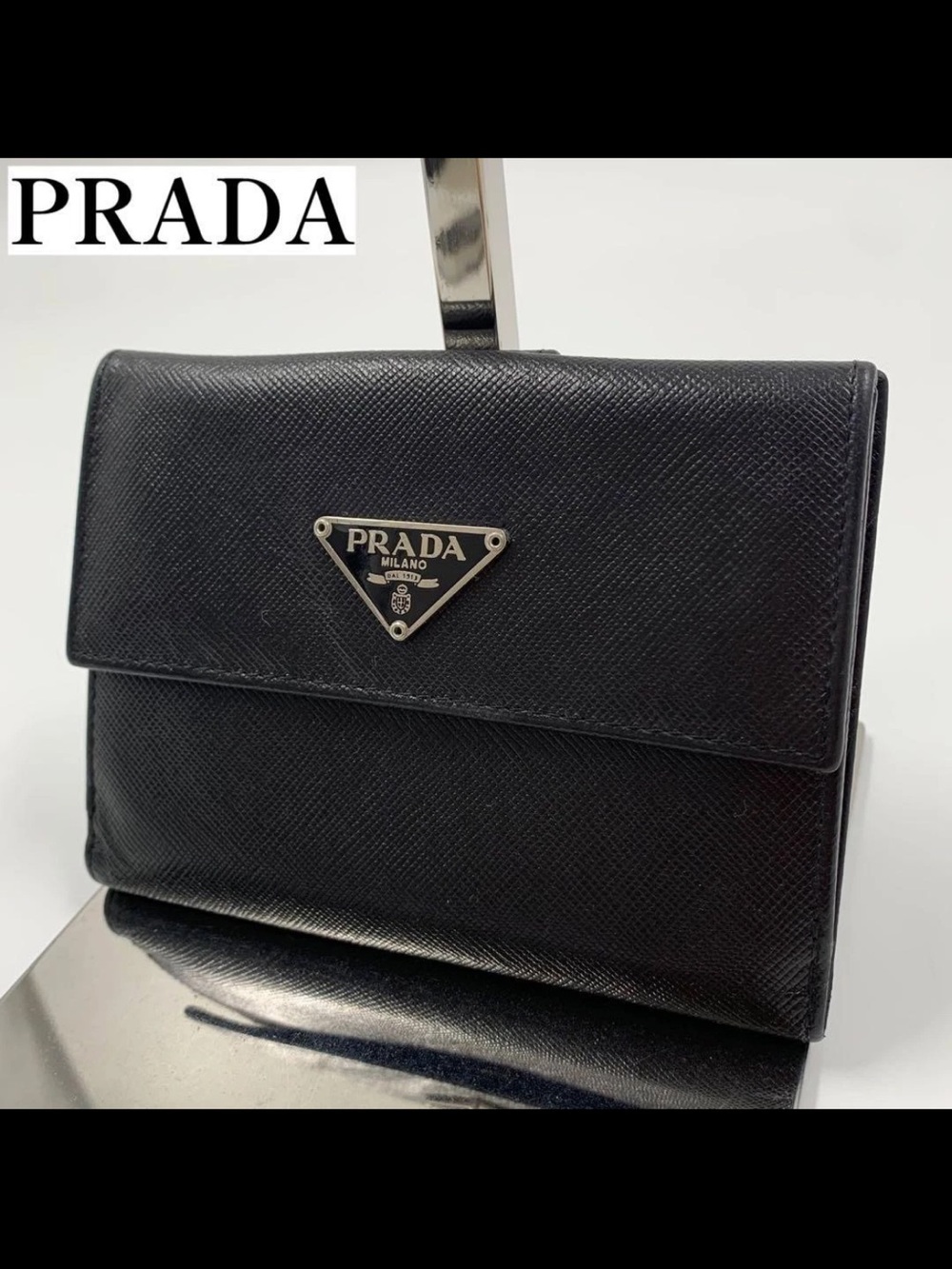 Prada Black Saffiano Leather Wallet Clutch with Silver Logo